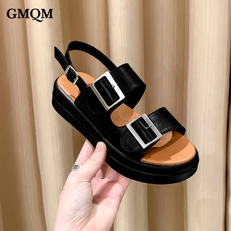 GMQM Women Summer Thick Platform Slippers Genuine Leather Sandals Confortable Ladies Indoor Bath Anti-Slip Shoes College Student