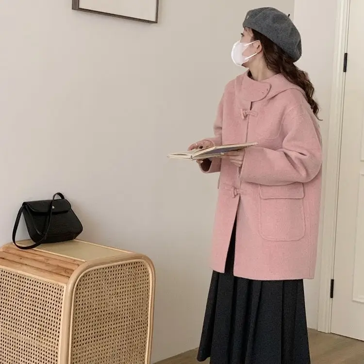 Loose solid color handmade double-sided wool coat women, small man hooded single-breasted horn buckle double-sided cashmere coat