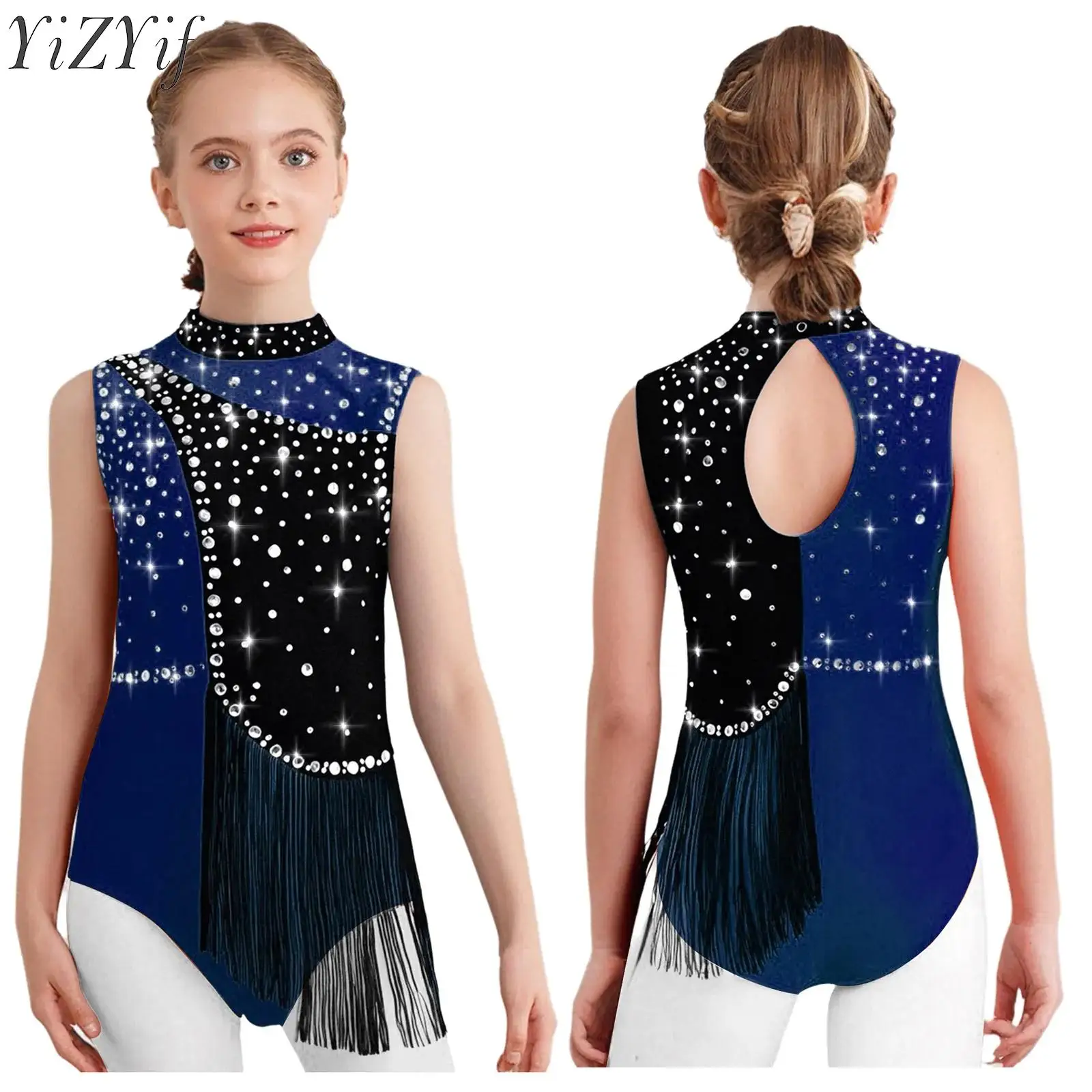 

Kids Girls Ballet Gymnastics Leotard Figure Skating Dancewear Lyrical Jazz Dance Costume Sleeveless Rhinestones Tassels Bodysuit