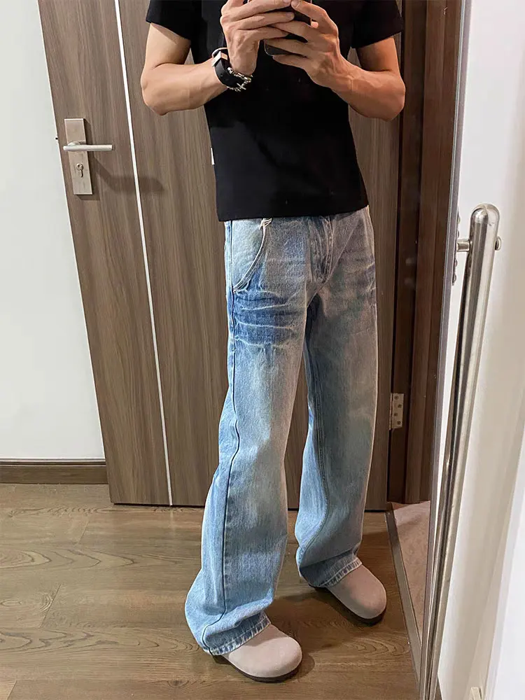 بنطلون جينز ريترو أمريكي متوهج فضفاض مستقيم الساق مايكرو متوهج كاجوال للرجال والنساء