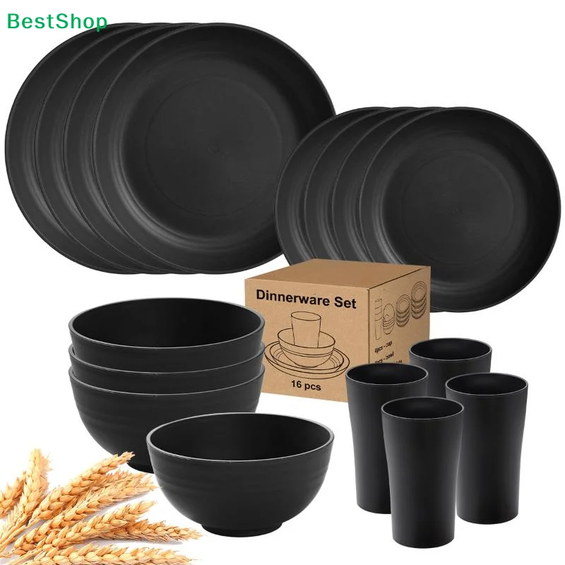 16Pcs Unbreakable Plastic Dinnerware Set | Microwave & Dishwasher Safe Plates Bowls Cups | Heavy Duty Home/Commercial Use