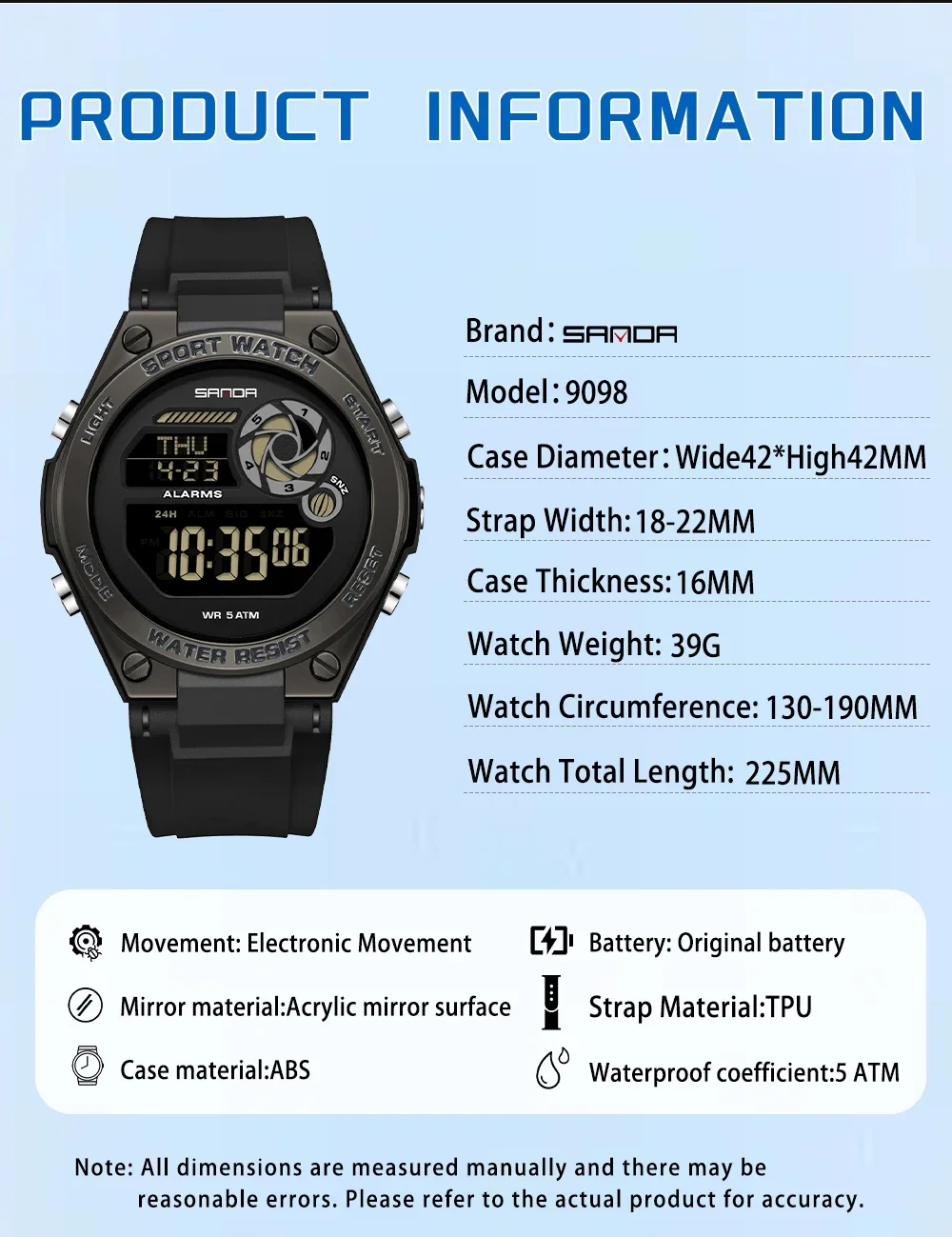 SANDA SD9098 Women's Sports Luxury Brand Watch Women's TPU Strap Night Light Waterproof Week Date Digital Leisure Watch
