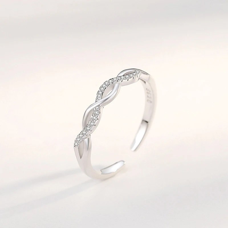 New 925 Sterling Silver Trend Weave Twisted Elegant Adjustable Rings Women&Girl Jewelry Gift Rhinestone Spiral Open Finger Ring