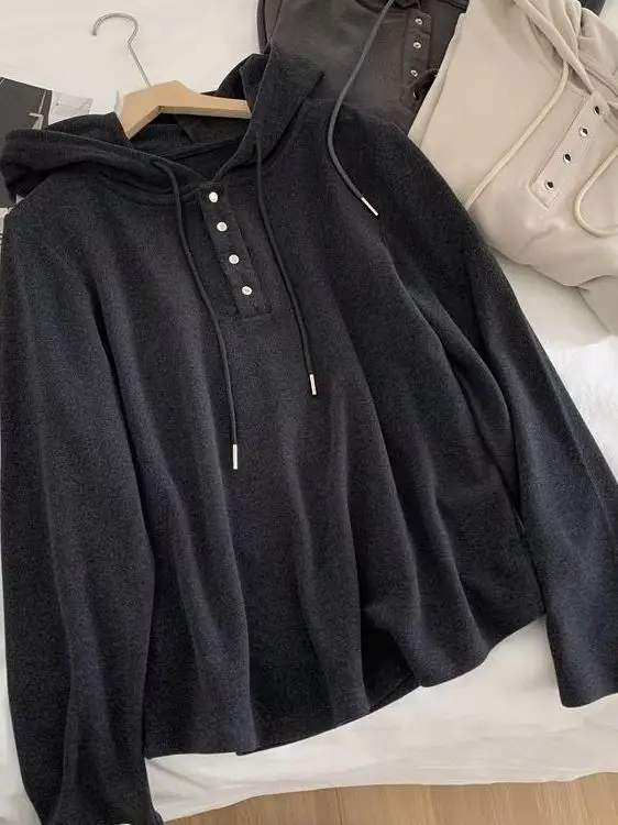 

Женская толстовка больших размеров с длинным рукавом, трикотажная, повседневная, универсальная, осенне-зимняя верхняя одежда, стройнящая, для поездок на работу