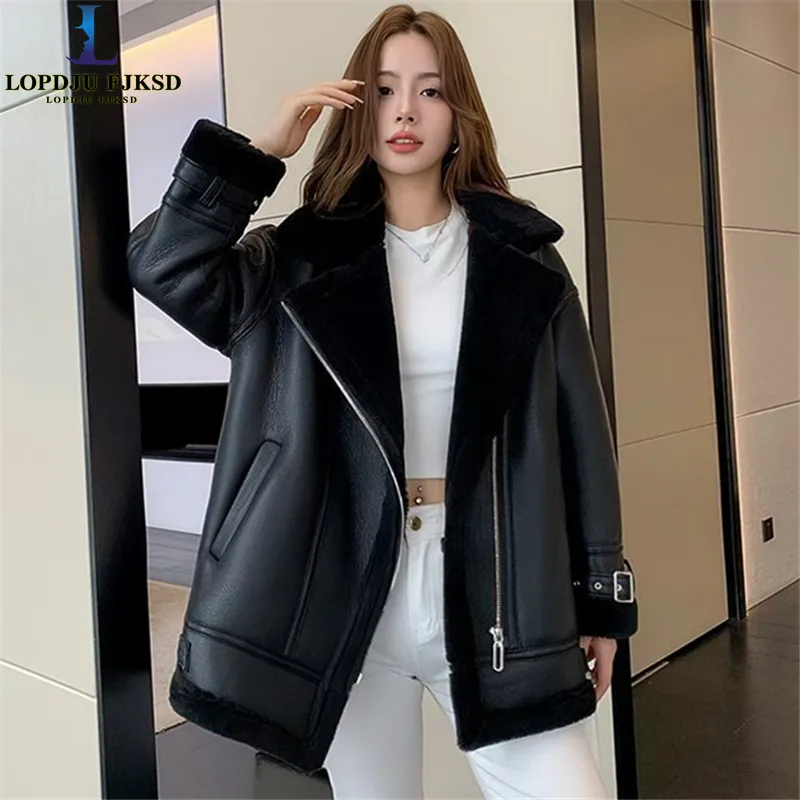 Faux Lamb Fur Coat for Women,Turn-down Collar Faux Moto Leather Jackets,Thicken WarmOutwear,Korean,Female Clothes,New