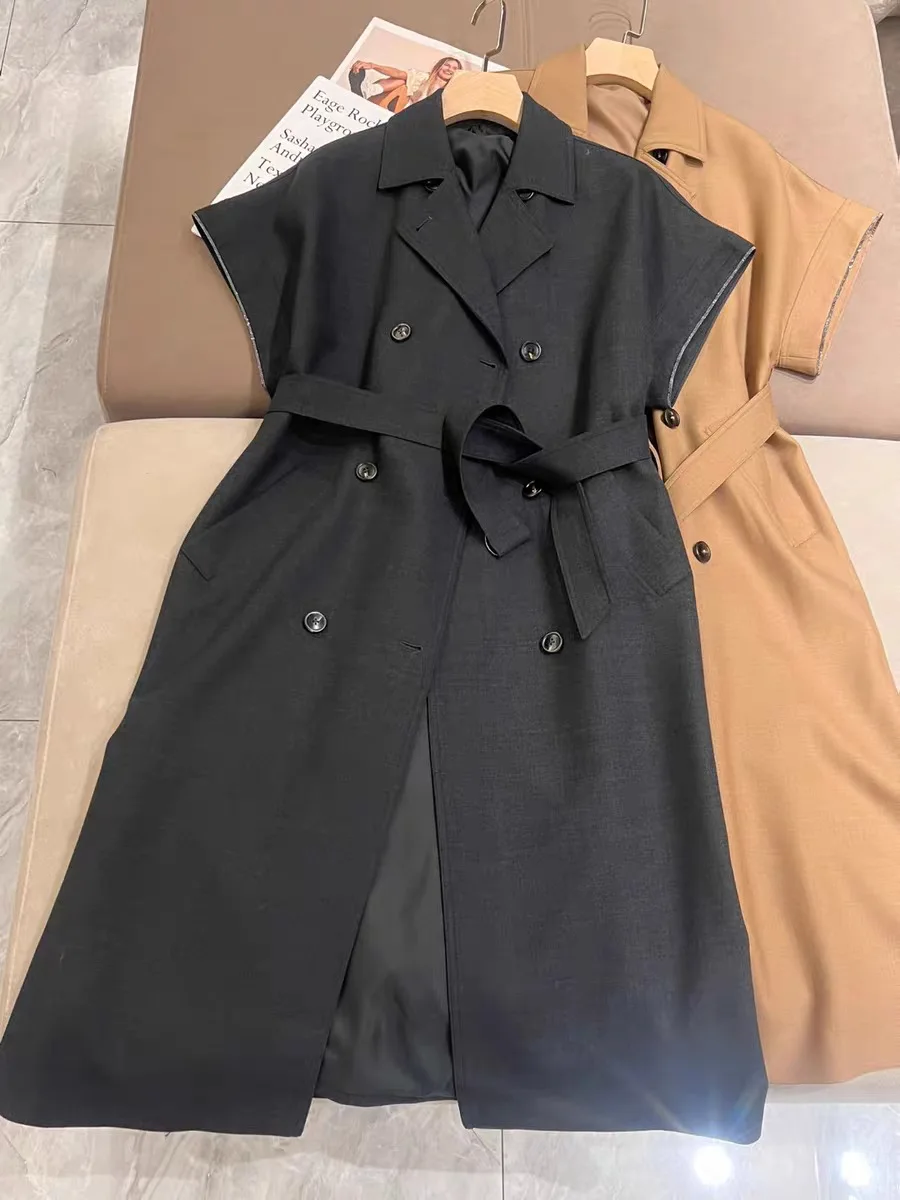 Women Lace-up Coat Bead Trim Short Sleeve Double Breasted Notched Elegant Autumn 2024 Mid-Length Jacket