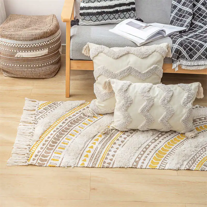 Pastoral Fresh Cotton Linen Entrance Mat Bohemian Geometric Tassels Area Rugs Bedroom Decor Carpets 60x90cm