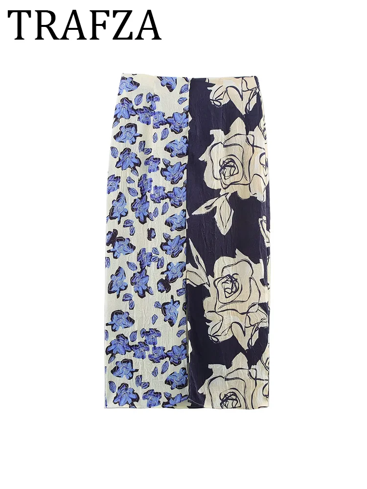 

TRAFZA Women's Skirt 2025 Fashion Printed Satin Midi Skirt Summer Ladies High-Waist Pencil Long Skirt New Elegant Vintage Skirt