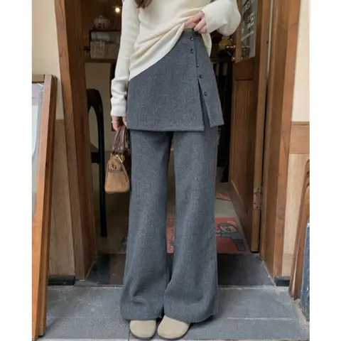 여성 캐주얼 바지 가을 겨울 한국 스타일 하이웨이스트 와이드 레그 팬츠 드레이핑 그레이 울 느낌 원단 슬림 효과 여성 캐주얼 바지 가을 겨울 한국 스타일 하이웨이스트 와이드 레그 팬츠 드레이핑 그레이 울 느낌 원단 슬림 효과