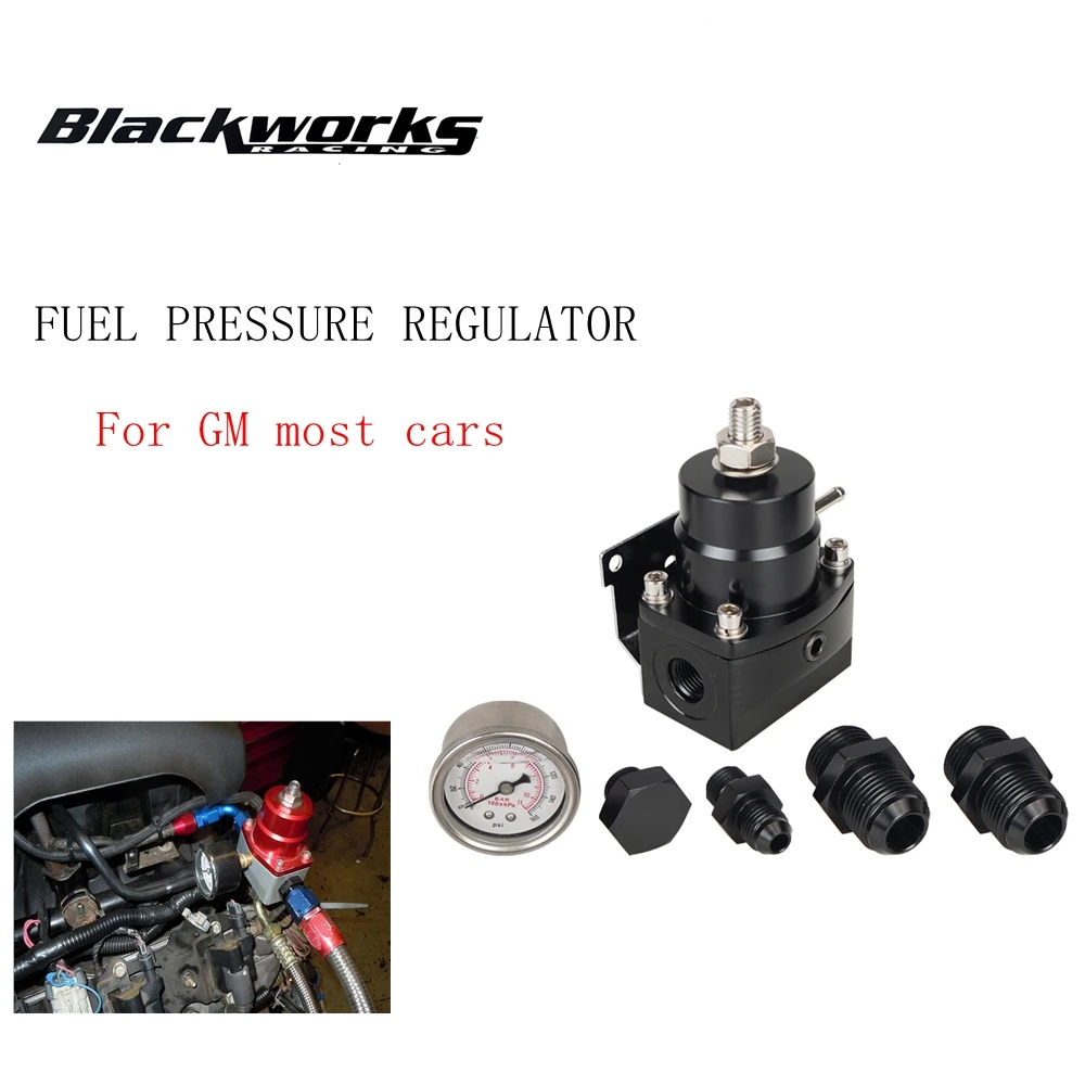 Black Fuel Pressure Regulator Adjustable with Oil Gauge With AN8/10 Feed Fitting & AN6 Return Line Fitting & AN8/10 End Cap