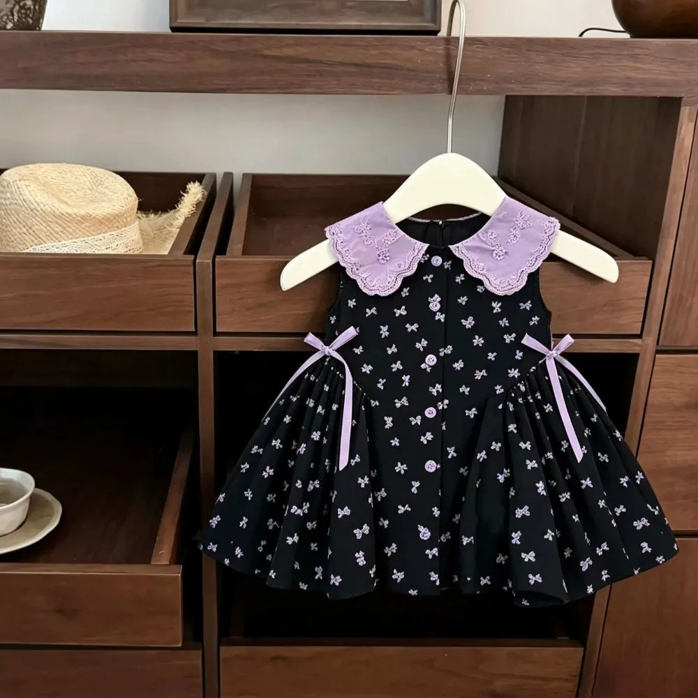 Fashion and Sweet Color Blocked Baby Girl Dresses Summer New Sleeveless Lapel Bow Princess Dress Birthday Children's Clothing