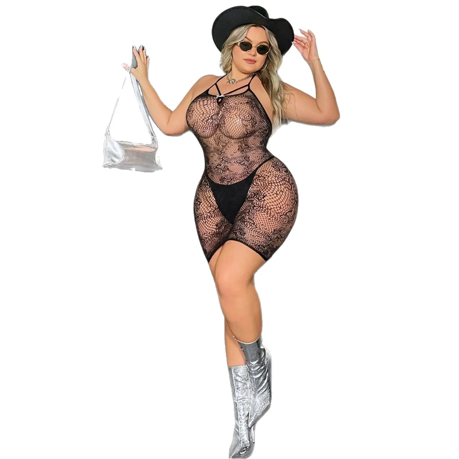 Sexy Fishnet Lace Dress Women Halter Bow Criss Cross Plus Size See Through Bodycon Bodystocking Clubwear Party Night Outfit