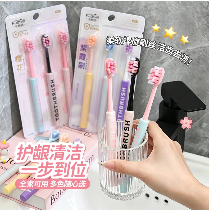 Adult soft-bristled toothbrush with cylindrical non-slip handle, gum protection and wide head, set of 3