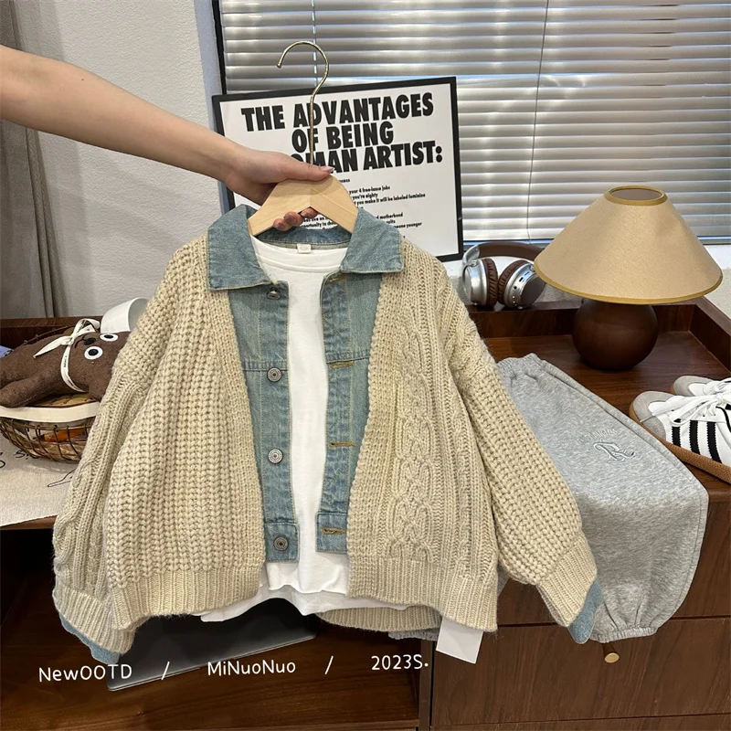 Boys Woolen Sweater Crochet Cotton Windbreak 2024 Khaki Plus Thicken Autumn Winter Cardigan Warm Children\'s Clothing