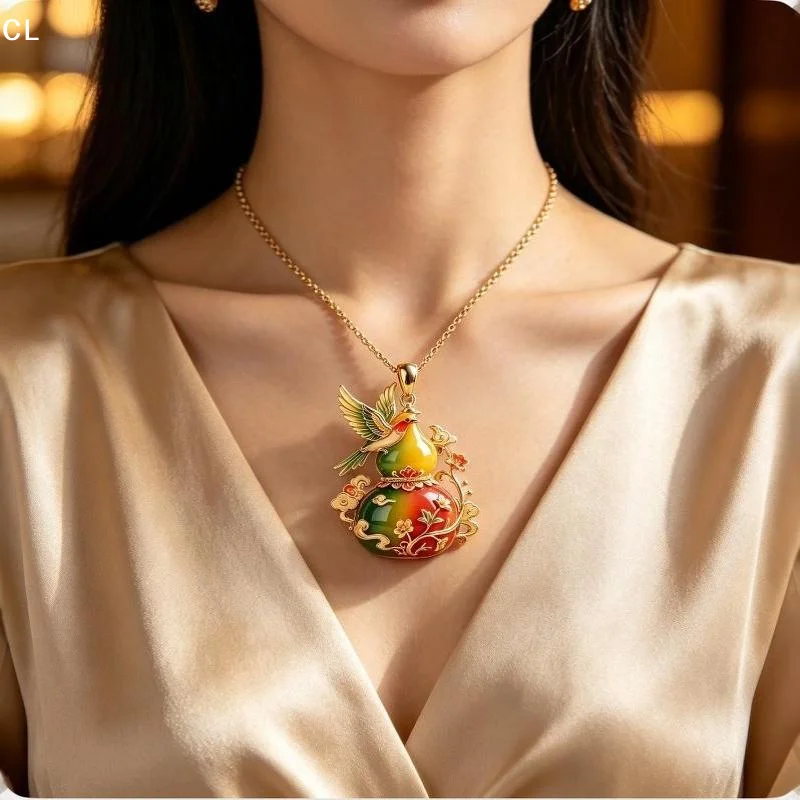 AttireTroveGold Plated Gourd Pendant Necklace Enamel Bird Floral Daily Wear Anniversary Birthday Gifts For Women
