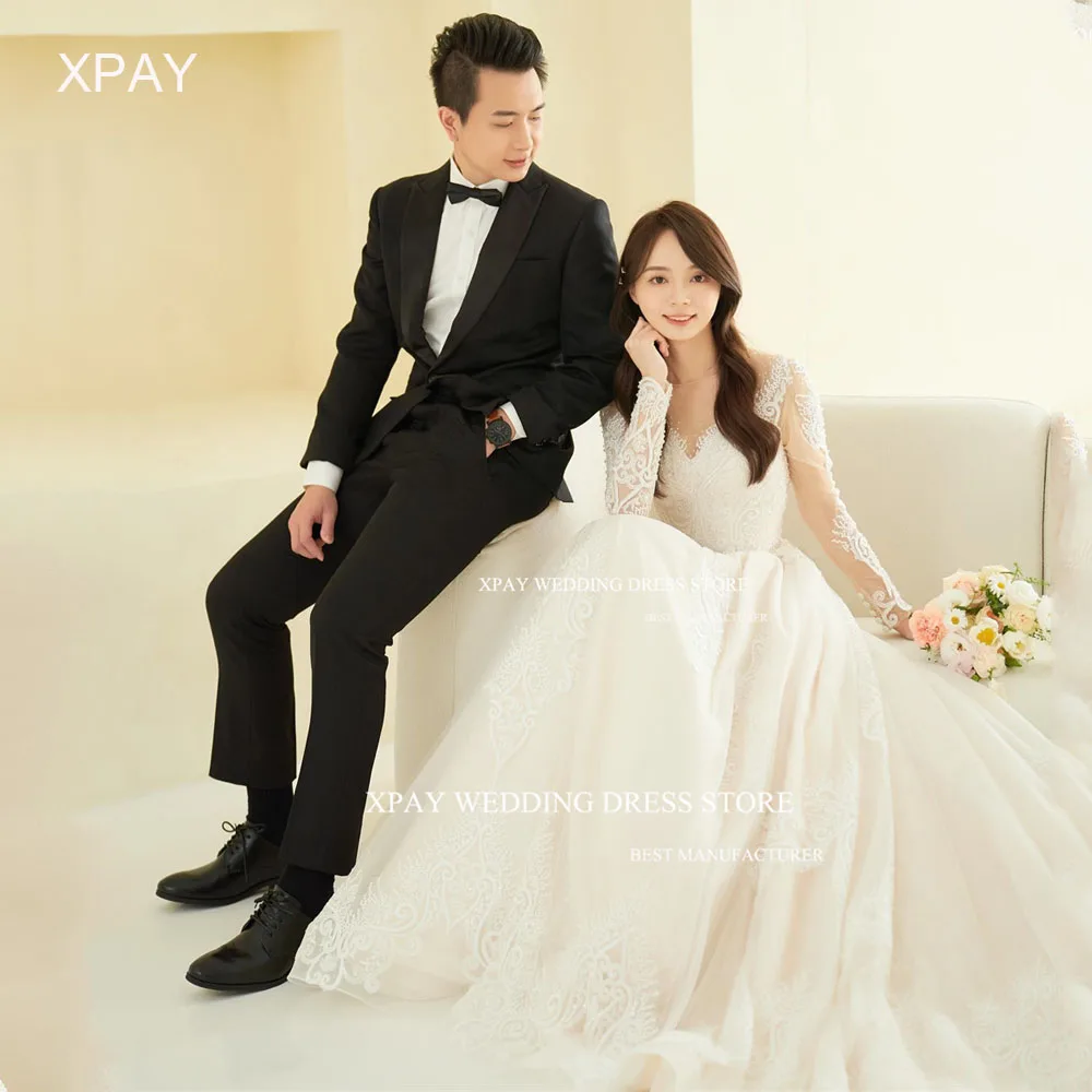 

XPAY Vintage Long Sleeve Korea A Line Wedding Dresses Lace Appliques Illusion Photography Gowns Floor Custom Robe de marriage