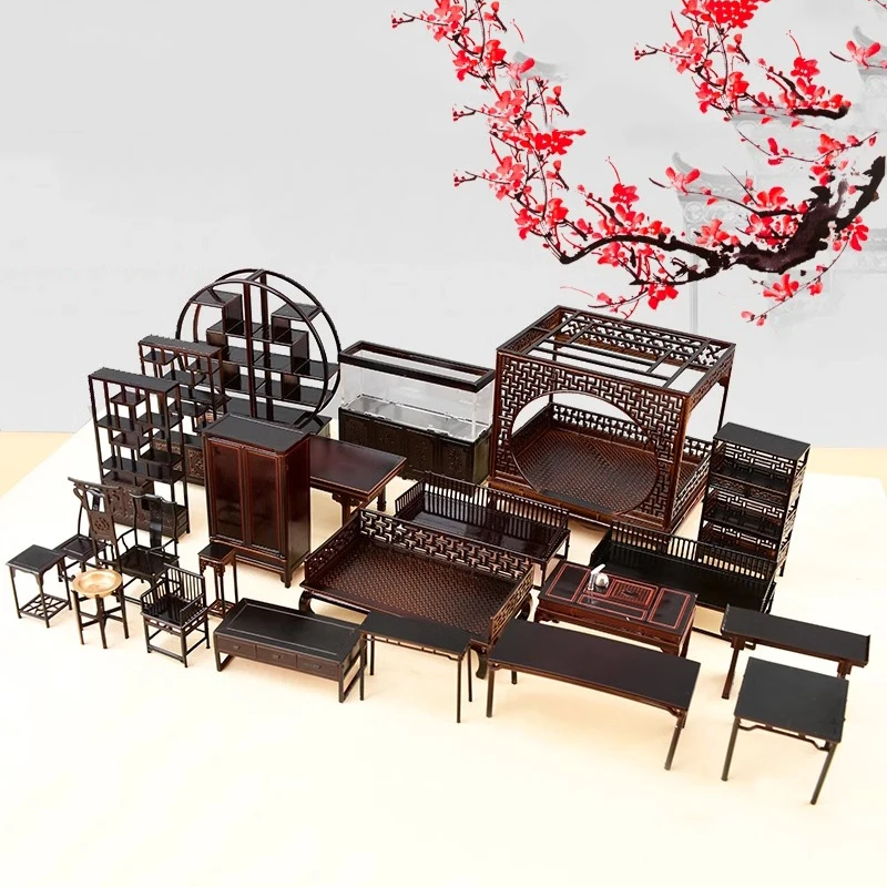 1:25 Miniature Chinese Style Dollhouse Furniture Doll Bed Cabinet Cupboard Bookshelf Table Chair Room Decoration Doll House