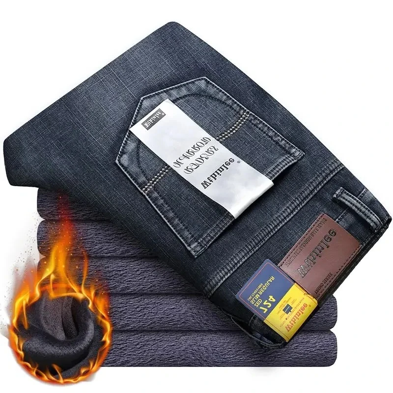 Celana Jeans Pria Musim Gugur Musim Dingin Hangat Berbulu Tebal Berlapis Fleece Vintage Denim Klasik Slim Fit untuk Sehari-hari