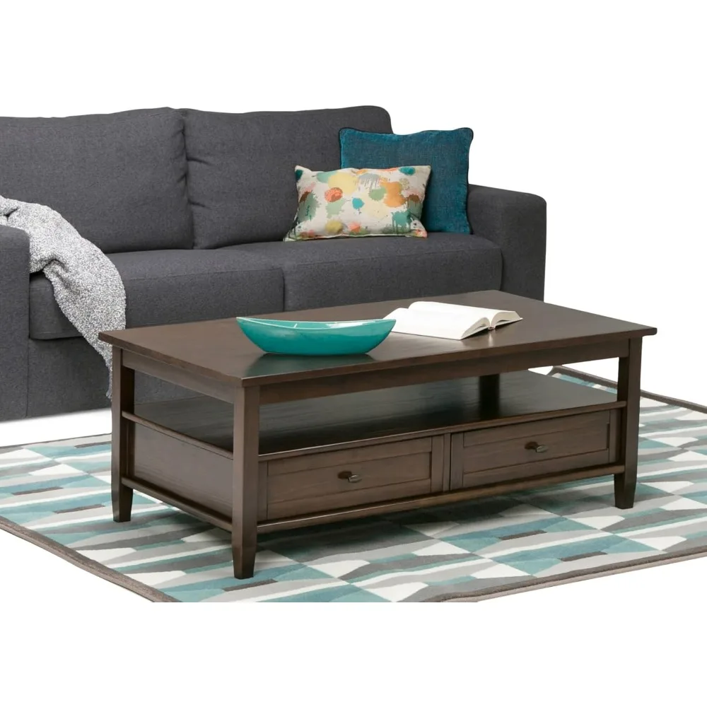 Warm Shaker SOLID WOOD 48 inch Wide Rectangle Rustic Coffee Table in Tobacco Brown, for the Living Room and Family Room