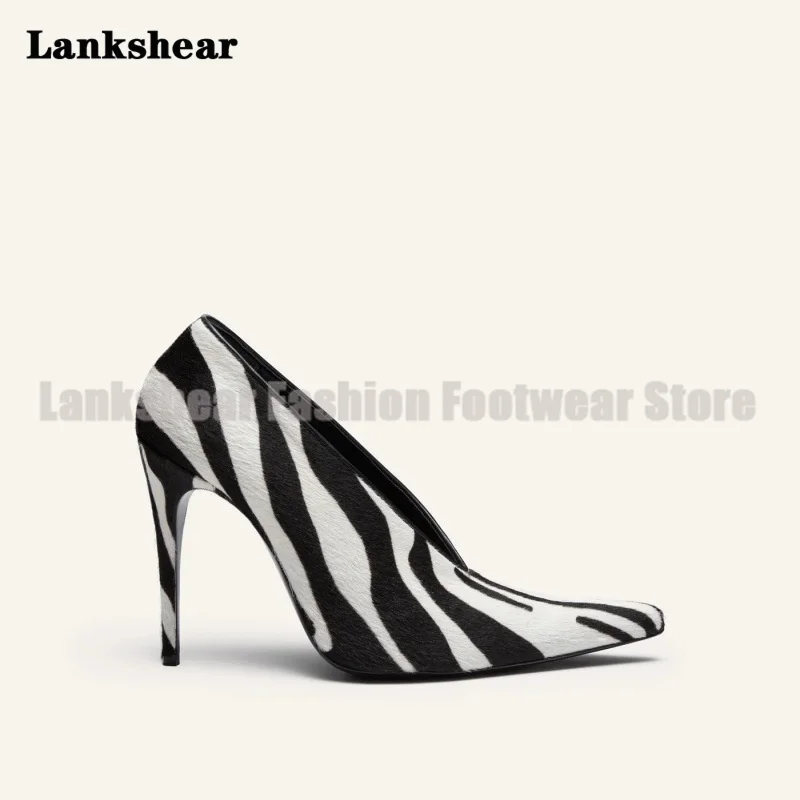 

Zebra Print Stiletto Heels Pumps Summer Pointy Toe Shallow Slip On High Heels Party Women Shoes Sandalias De Mujer Verano