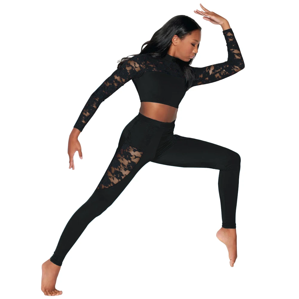 MiDee Sexy Lace Jazz Dance Clothes Women Long Sleeves Crop Top Leggings 2 Piece Set Street Dance Wear for Cool Girl Kpop Outfit