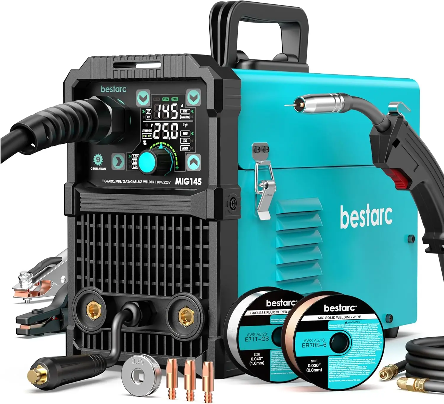 

4 in 1 MIG Welder 145A, 110V/220V Gas/Flux Core MIG/Lift TIG/Stick, IGBT Inverter, Synergic Control, Large LED Display