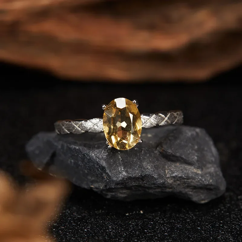 Niche S925 sterling silver natural citrine colored treasure ring feminine elegance temperament new brushed geometric design