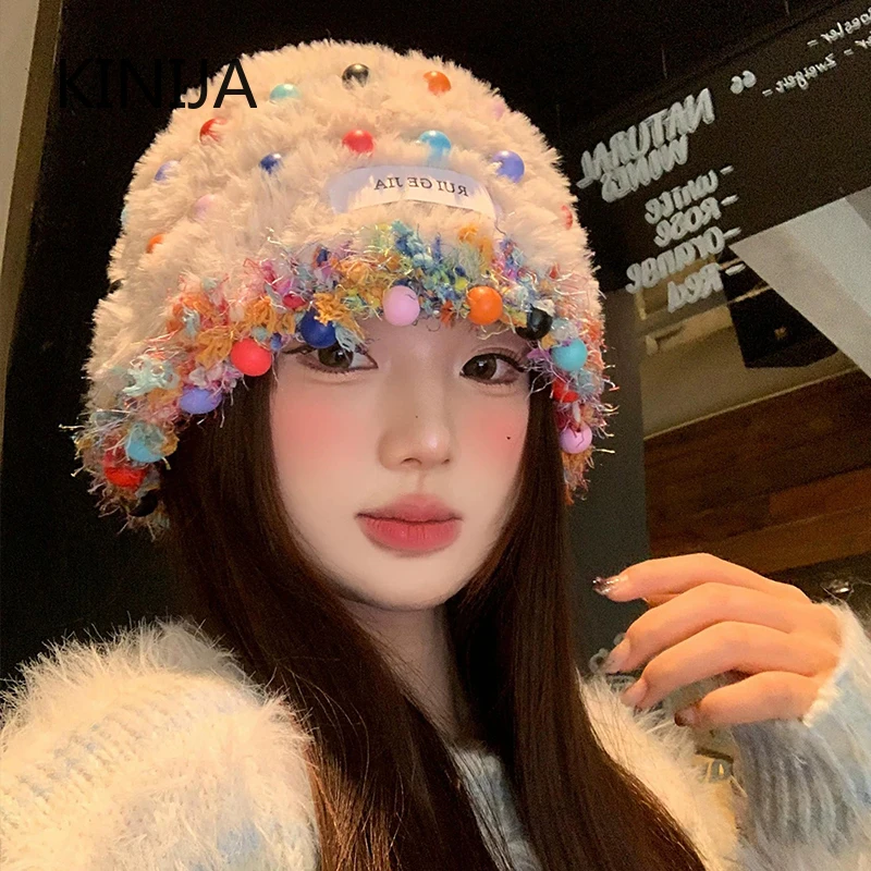 Women Colorful Earmuffs Beanie Hat Winter Warm Fluffy Plush Skullies Cap Korean Cold-proof Knitted Ski Snow Bonnet Plu Hat
