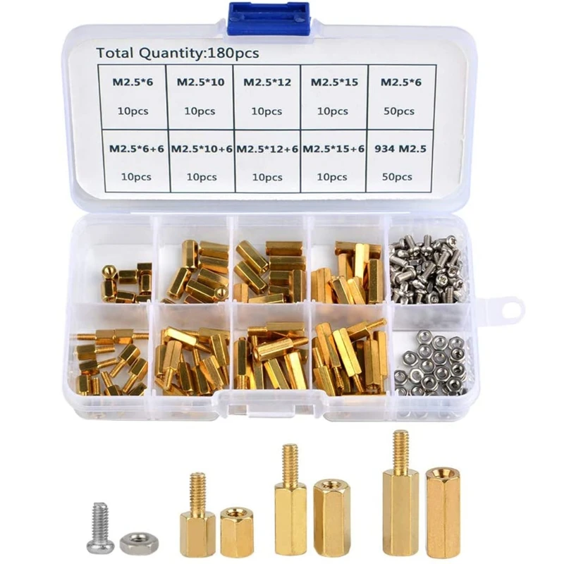 180pcs M2.5 Brass Spacer Hexagonal Screws ​kit Male Female Thread Spacer