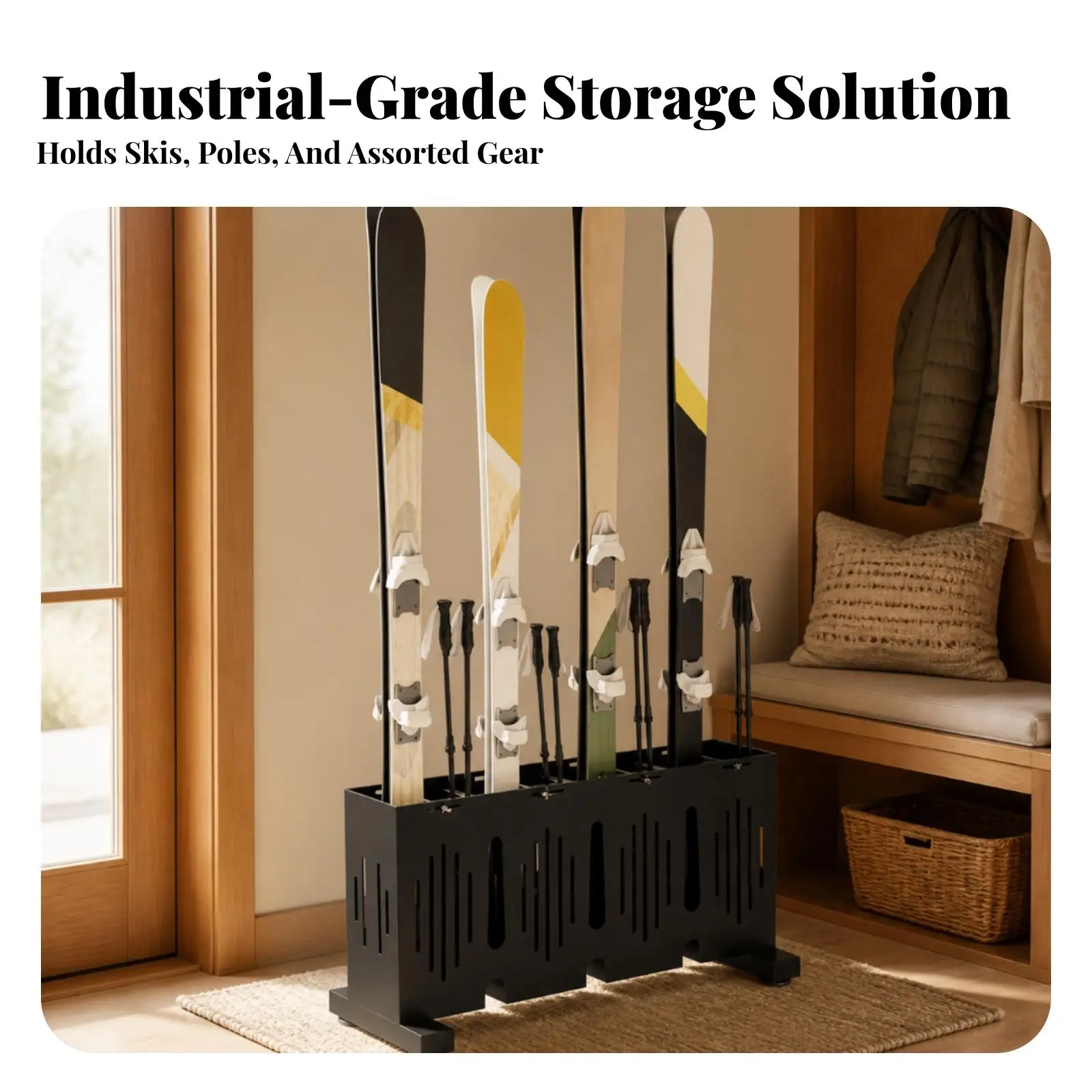 Compact Ski Rack for Skis and Poles with Drainage Holes for Ventilation Adjustable Stability Base for Garage Cabin and Shop Use