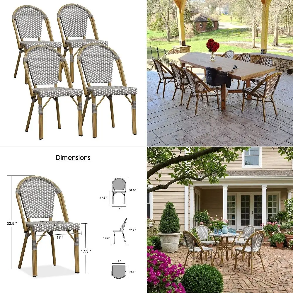 

Outdoor Dining Chair Set of 4 Aluminum Rattan Chairs for Outdoor Garden Backyard Bamboo Print Finish Patio Chairs Grey French B