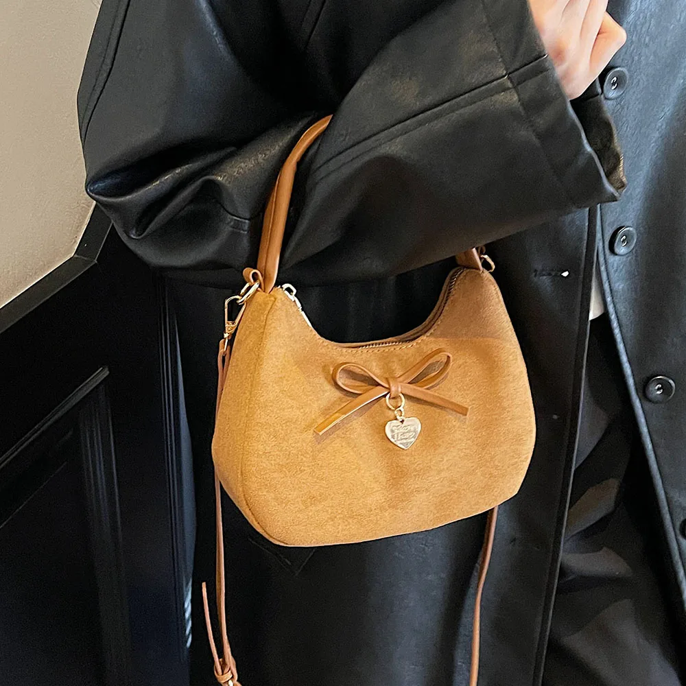 

Autumn Winter Retro Suede Bow One Shoulder Bag for Women Korean Ins Versatile Crossbody Bags Party Commute Handbags