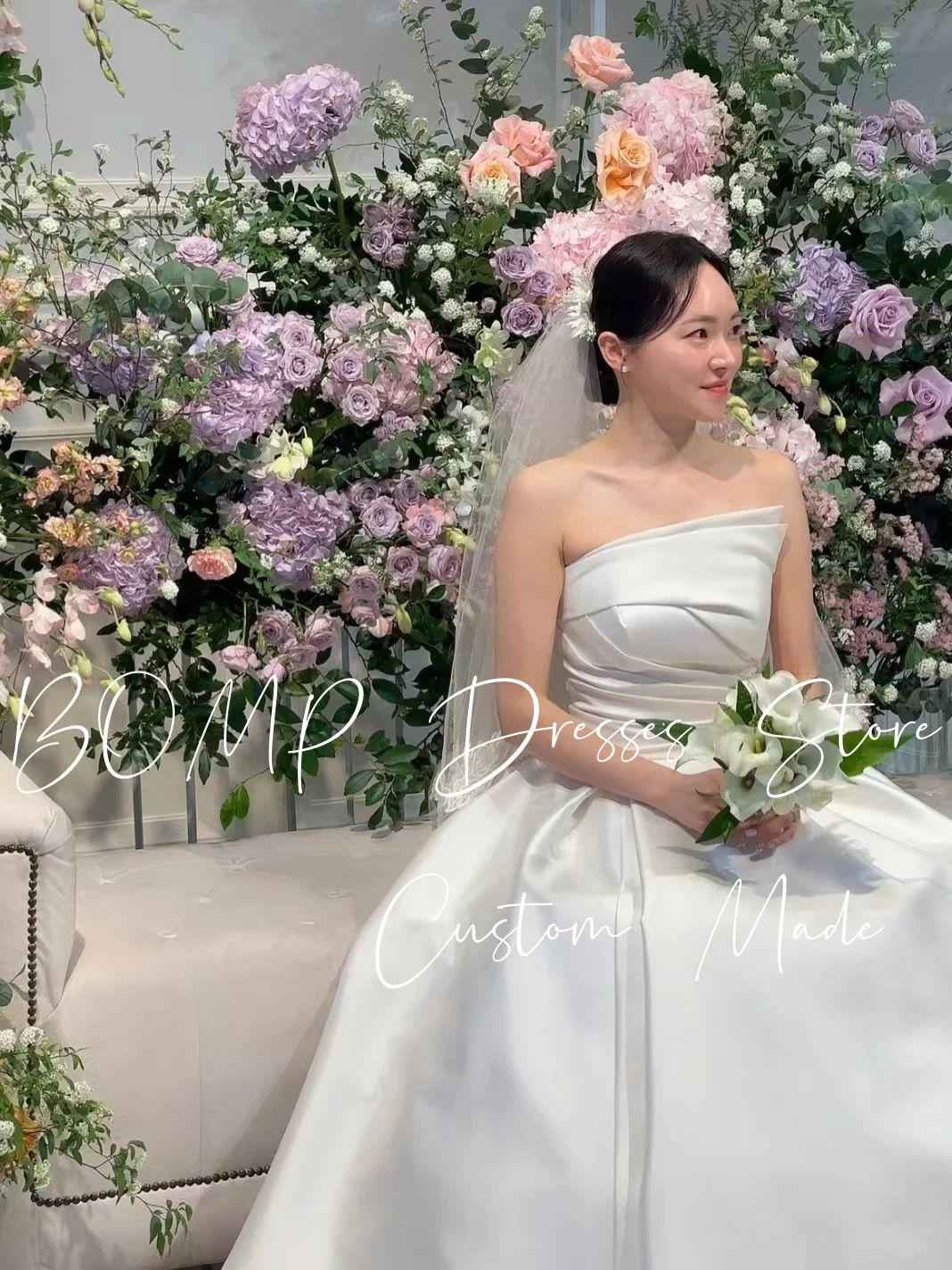 Elegancka plisowana suknia ślubna BOMP, bez ramiączek, linia A, tren zamiatający, biała taffeta, Korea, sesja zdjęciowa, suknia na przyjęcie weselne, szyta na miarę.