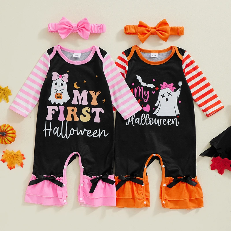 2024-07-02 Lioraitiin Baby Girls 2Pcs Halloween Outfits Striped Long Sleeve Ghost Print Jumpsuit with Headband Newborn Set