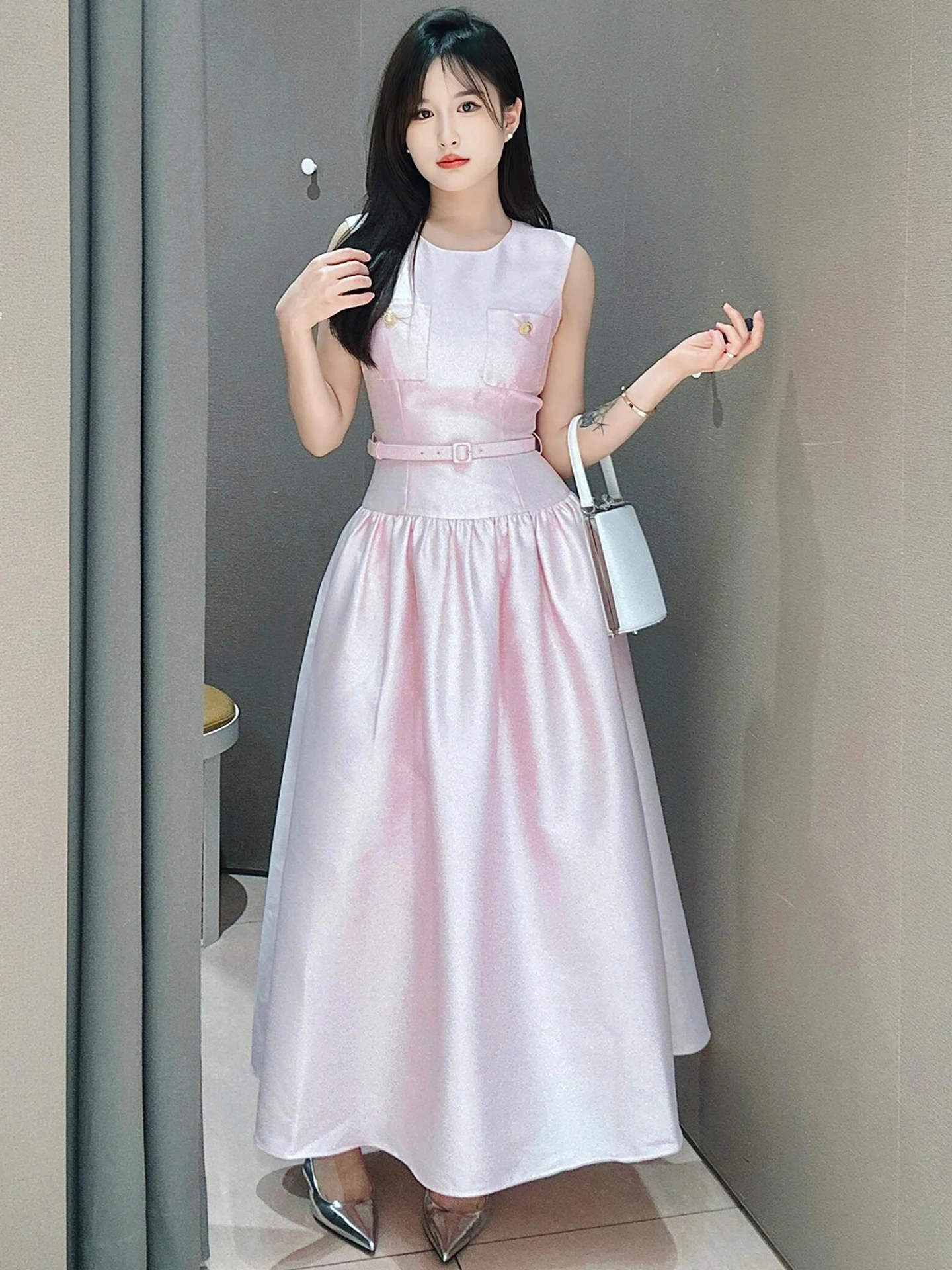 

Sweet Waist-Cinching Long Svel Vest Dr High Waist A-Line Silhouette Comfortable Mid-Thi Summer 2025 Women's Faion