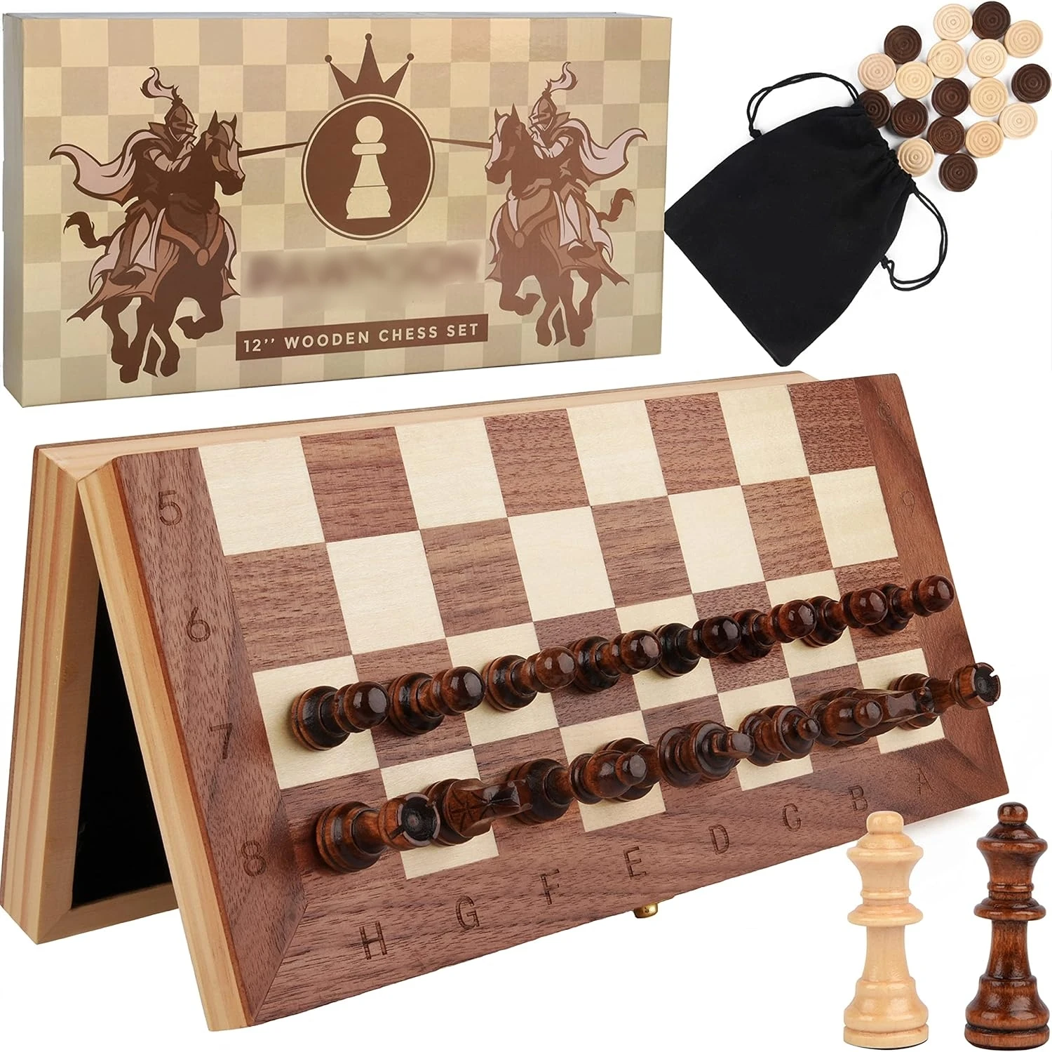 Deluxe 12-inch handmade wooden chess set with magnetic folding board