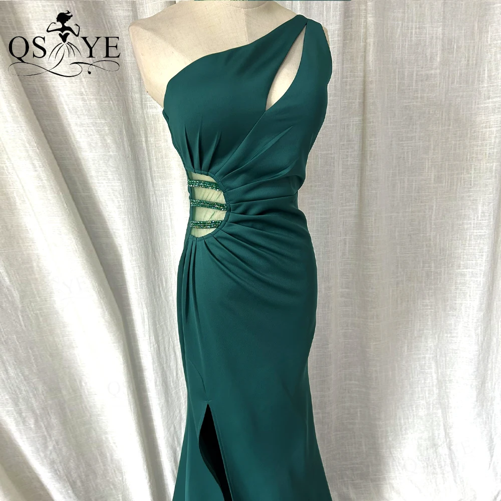 One Shoulder Emerald Green Prom Dresses Sexy Split Party Gown Formal Beaded Waist Elegant Ruched Women Evening Dress Bridesmaid