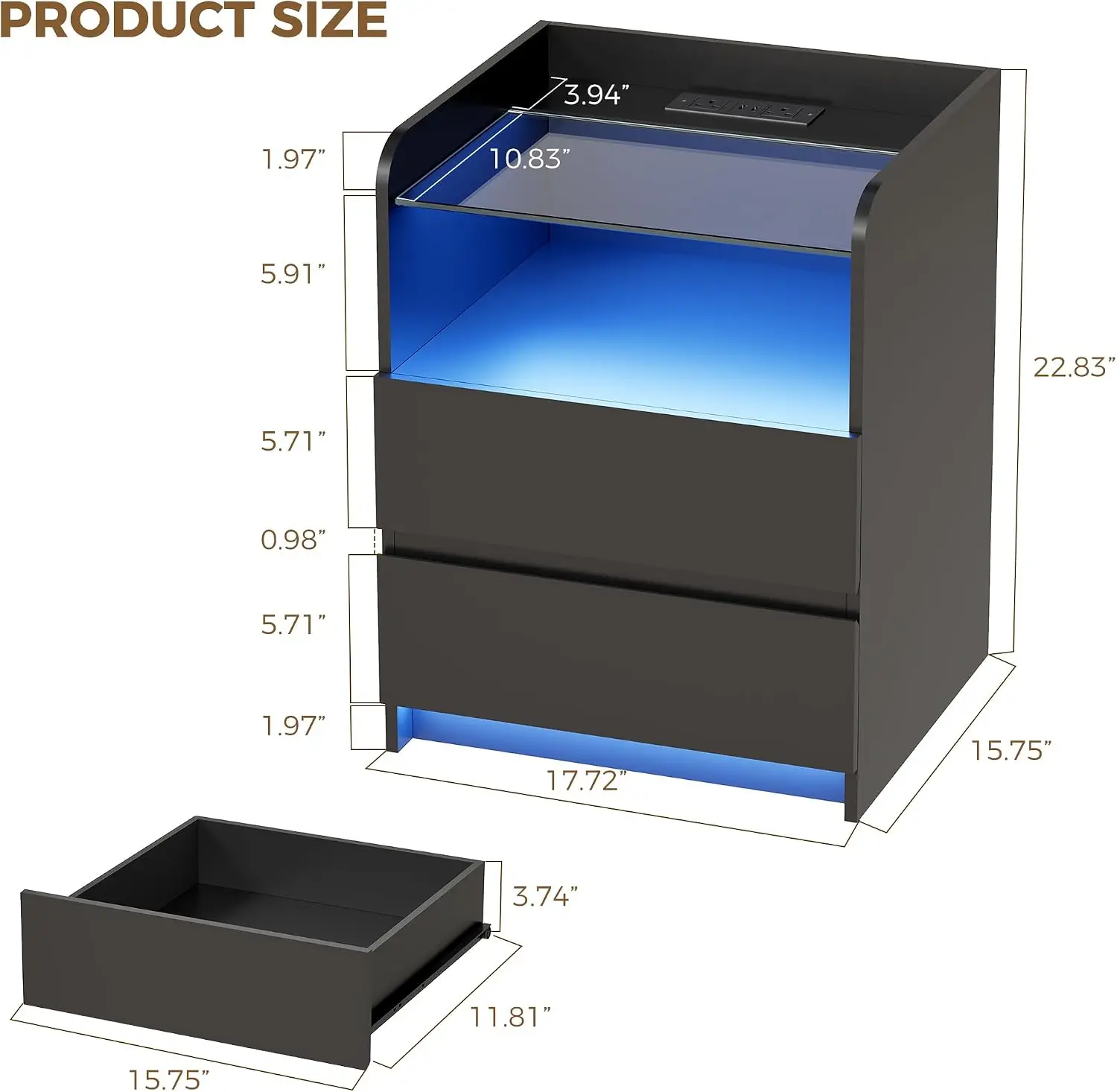 Black Night Stand with Charging Station, Modern Bedside Table | with LED Lights and Drawers, End Side Table with Glasstop for Bedroom,Living Room FCG05B