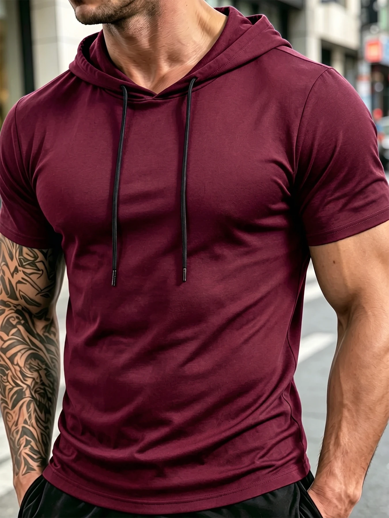 Herren-T-Shirt mit kurzen Ärmeln und Kapuze, atmungsaktiv, schnell trocknend, Anti-Pilling-Kapuze mit Kordelzug, lässiger Slim-Fit-Streetwear-Sportpullover