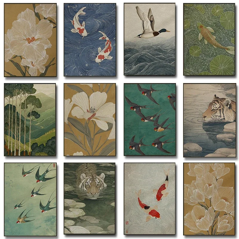 Vintage Japanese Woodblock Style Forest Poster Swimming Tiger Cream Lily Koi Fish Prints Canvas Painting Wall Picture Home Decor