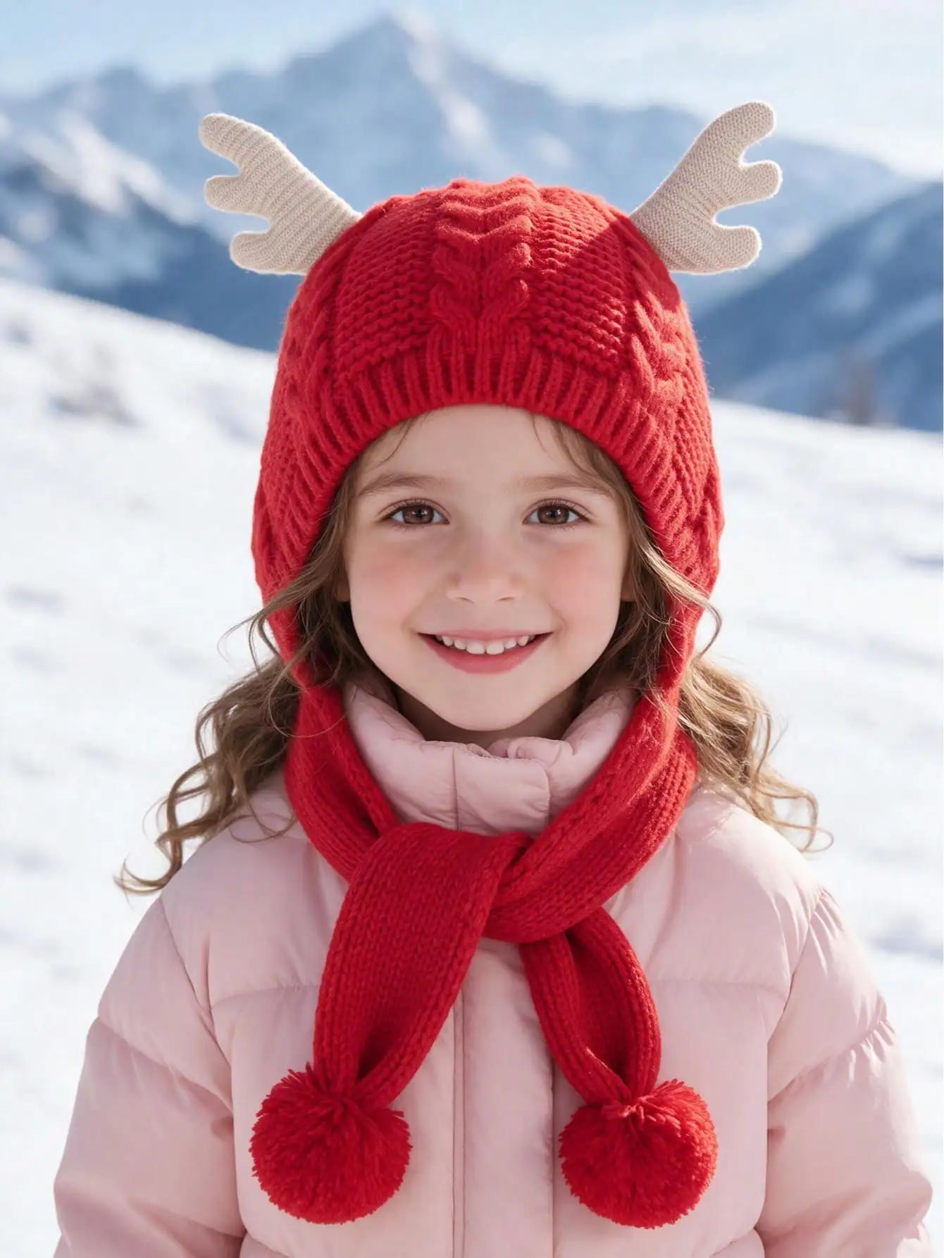 1pcs 3-8Y Children's Christmas Deer Antler Knitted Protective One-Piece Ear Warmer Hat Autumn and Winter Cable Knit Pom-Pom Hat