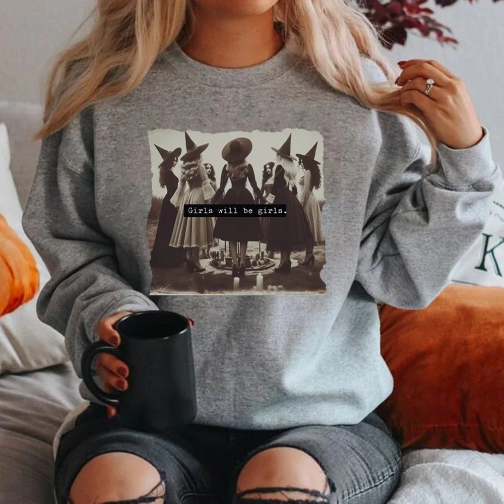 Vintage Girls Will Be Girls Witch Sweatshirt Funny Witch Sweatshirt Halloween Women Hoodies Long Sleeve Pullover Witchy Hoodie