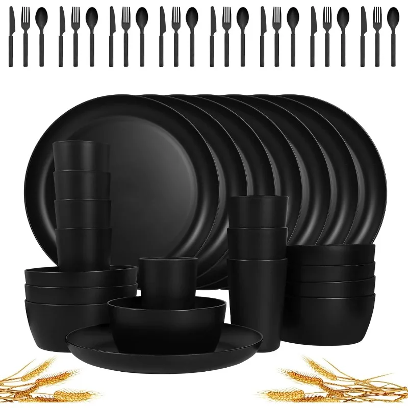 

48-Piece Plastic Wheat Straw Dinnerware Sets Plates and Bowls Sets for 8 Lightweight Bowls Unbreakable Dish Set