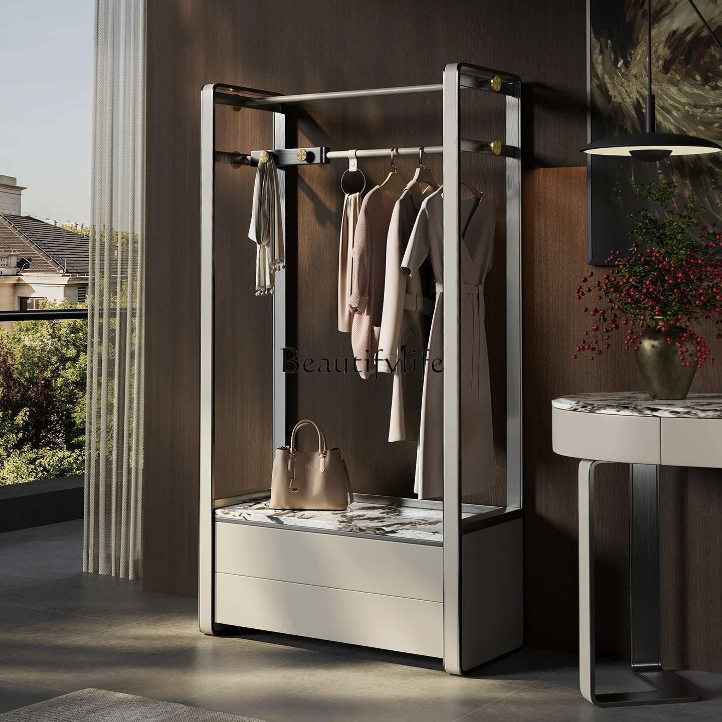 

Italian Minimalist Marble Floor-standing Coat Rack Stainless Steel Storage Rack Integrated Cabinet
