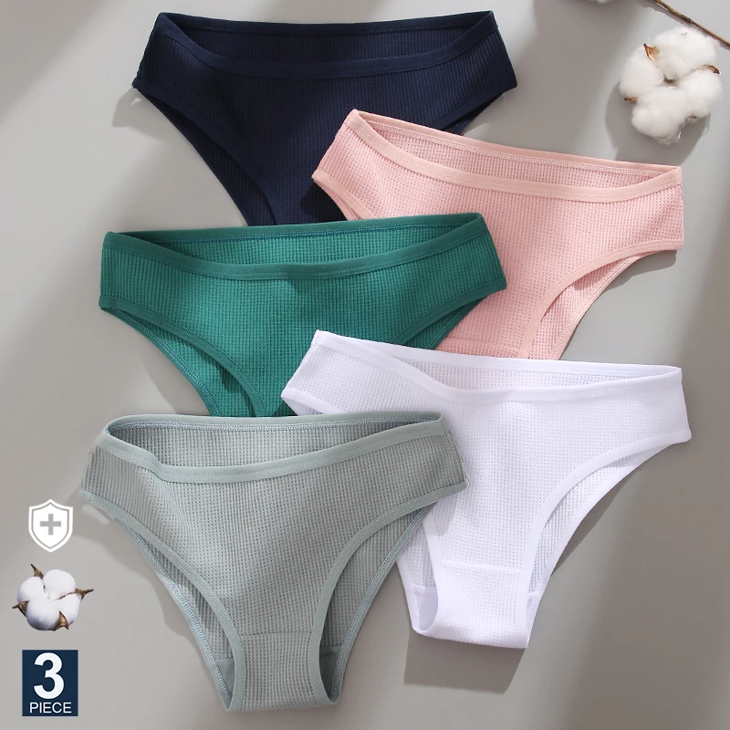 

FINETOO 3PCS/Set Women Waffle Cotton Panties Breathable Lingerie Sexy Underwear For Girls Low Waist Briefs Solid Color Underpant