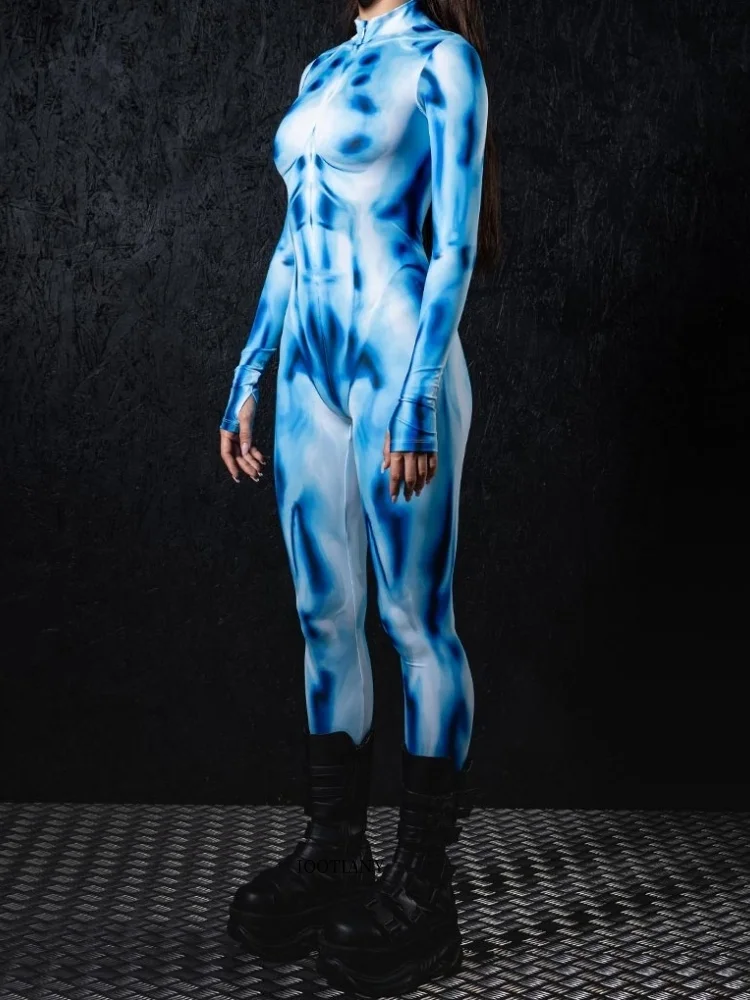 

Halloween Blue Fashion Sexy Muscle 3D Printing Adult Couple Cyberpunk Tights Holiday Party Stage Role Playing Costume Tights Set