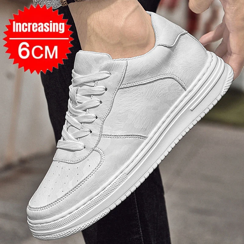 6cm Elevator Shoes Men Lifting Shoes Mens Leather Platform Sneakers with Thick Sole & Hidden Height Increase Sports Casual Shoes