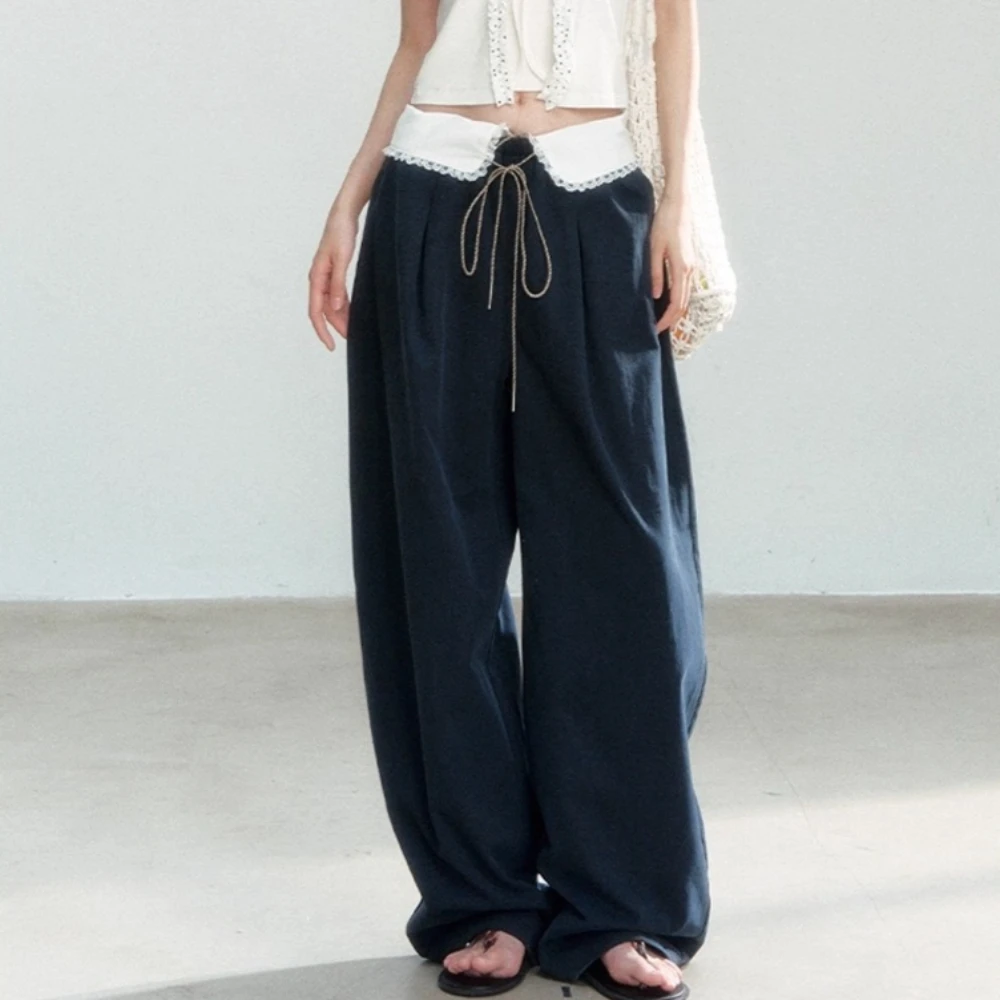 TWOTWINSTYLE Blue Spliced Lace Chic Trousers Female High Waist Loose Korean Minimalist Women's Wide Leg Pants Autumn New Fashion