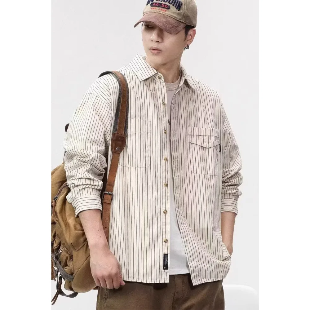

2025 New Mens Korean Style Autumn Fashion Long Sleeve Shirt High Street Trendy Loose Fit Minimalist Design Button Down Collar