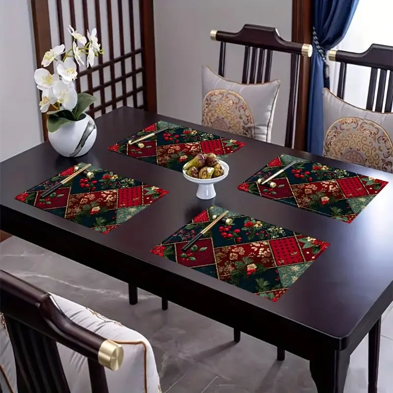 VIKAMA 2/4/6PCS Christmas Retro Splicing Placemats, Washable Heat Resistant Table Mats, Aesthetic Kitchen Dining Decor